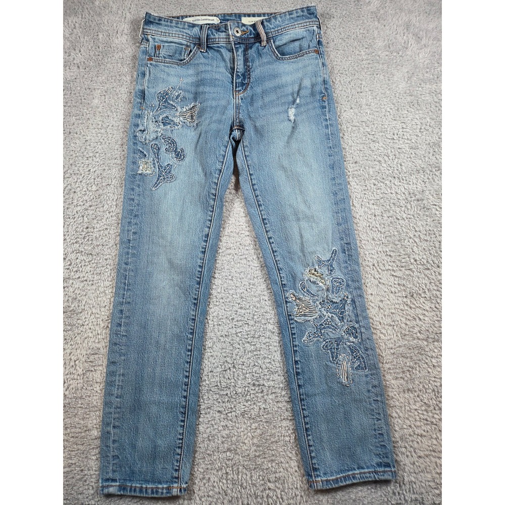 Pilcro Slim Boyfriend 25 Light Blue Womens Embroidered Sashiko Distressed Jeans